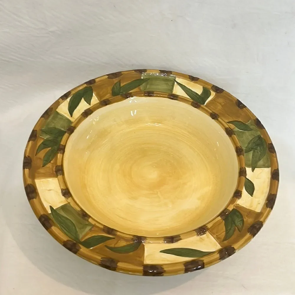 WCL Ceramic Bowl Serving Dish 3 In Tall 13 In Round Gold Yellow Green Leaf
